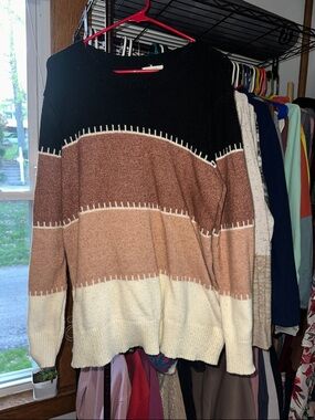 Maurices Black, Brown, Peach, and Cream Striped Crewneck Sweater